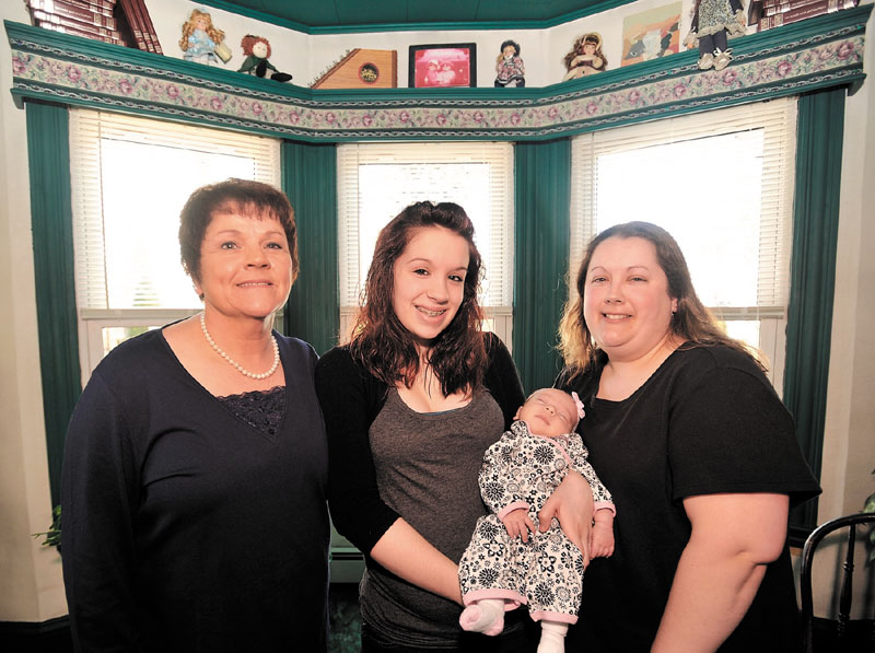 FAMILY: Four of the six generations of women in the Gorman family — Cheryl Gorman, left; Rebecca Gorman and daughter Bayliegh Gorman; and Amy Gorman pose for a portrait Friday in Waterville.