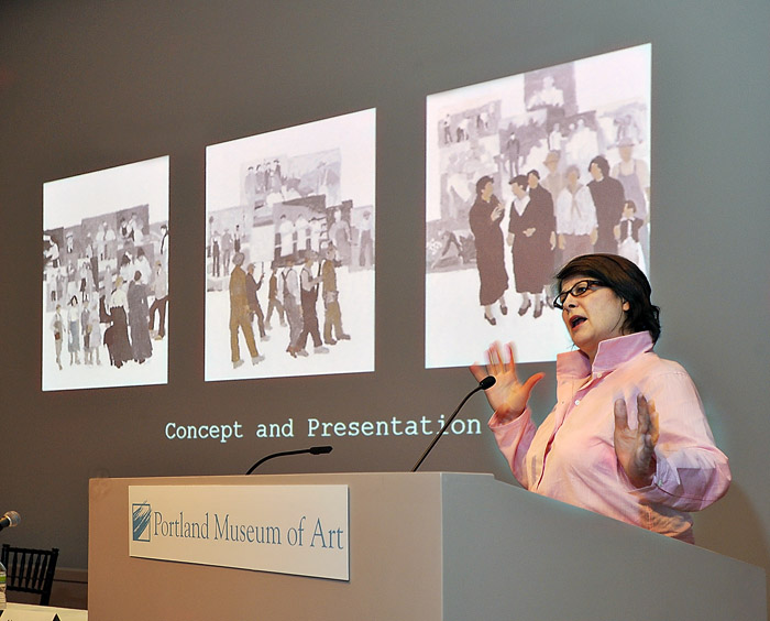 Tremont artist Judy Taylor discusses the process by which she was chosen and how she made and installed the "History of Labor in Maine" mural that hung until recently at the Labor Department in Augusta. She spoke at a public forum today at the Portland Museum of Art, where most of the discussion centered on Gov. Paul LePage's removal of the 35-foot-wide mural.