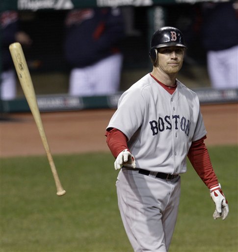 Boston Red Sox's right fielder J.D. Drew throws his bat after striking out against Cleveland Indians starting pitcher Mitch Talbot in the third inning of the Red Sox 8-4 loss Wednesday in Cleveland.
