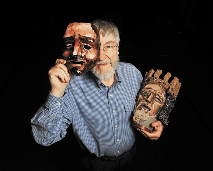 UNMASKING THE MYTH: Waterville resident Richard Sewell, left, is realizing a lifelong dream by directing a play at Colby College, “The Cuchulain Cycle,” about Irish literary giant William Butler Yeats and the mythical Celtic folk figure Cuchulain. He is seen holding some of the homemade masks that will be used during the performance.