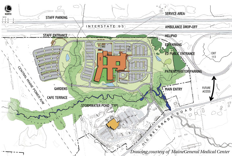 A conceptual drawing of the regional hospital proposed by MaineGeneral Medical Center in north Augusta. The drawing also shows the existing Harold Alfond Center for Cancer Care, at bottom, as well as the Exit 113 area on Interstate 95, top right.