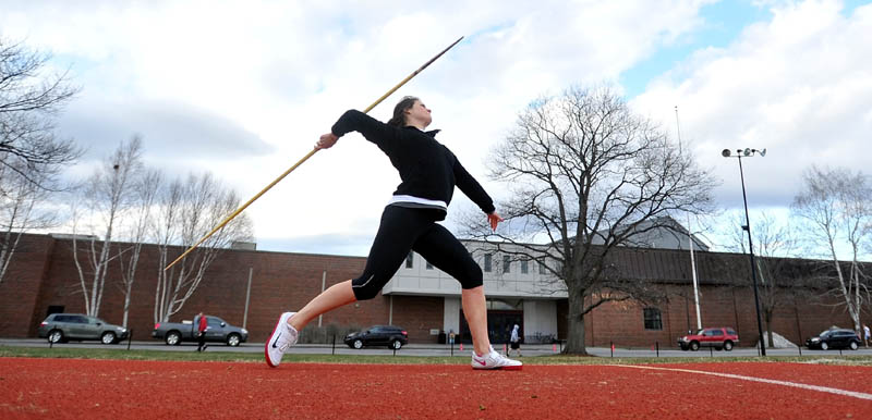 CLOSE TO MARK: Colby College senior thrower Tory Gray, a Farmington native and Mt. Blue High School graduate, is close to qualifying for the New England Division III championships in the javelin.
