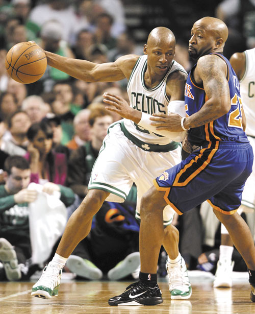 QUESTION MARK: Celtics guard Ray Allen works on New York Knicks guard Toney Douglas during Boston’s 87-85 victory in Game 1 on Sunday in Boston. Douglas would start Game 2 tonight if, as expected, Chauncey Billups sits with a left leg injury.