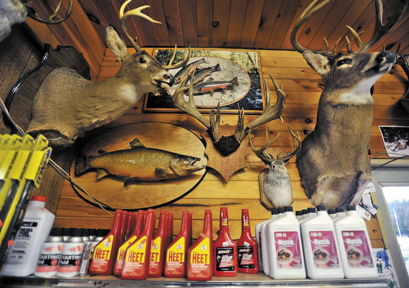 Mounted deer heads decorate the Berry General Store in West Forks Tuesday evening.