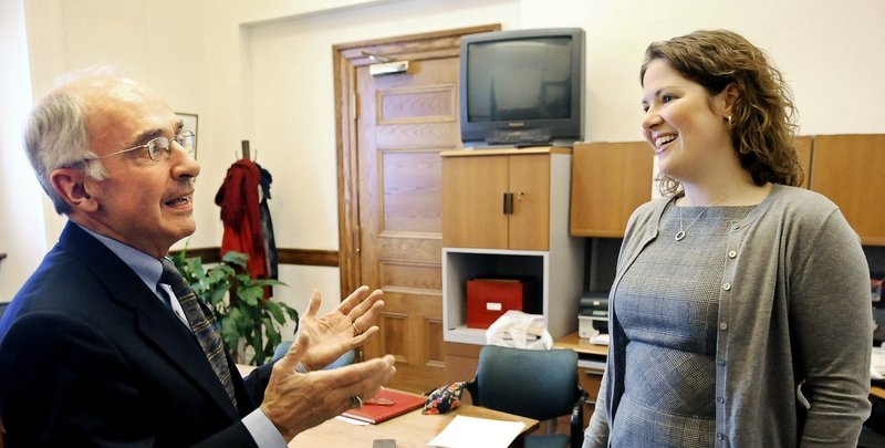 Department of Environmental Protection head Darryl Brown, left, speaks with House Minority Leader Emily Cain, D-Orono, in this file photo.