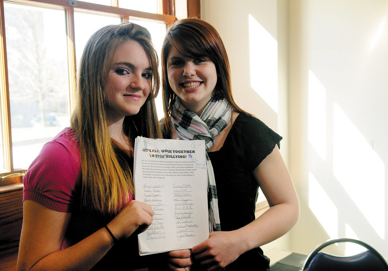 BULLYING PETITION: Courtnee Roberts, left, and Lexi Ross have circulated anti-bullying petition. The Hall-Dale freshmen were friends with Hayley Blowers, 16, who committed suicide at her Palermo home.
