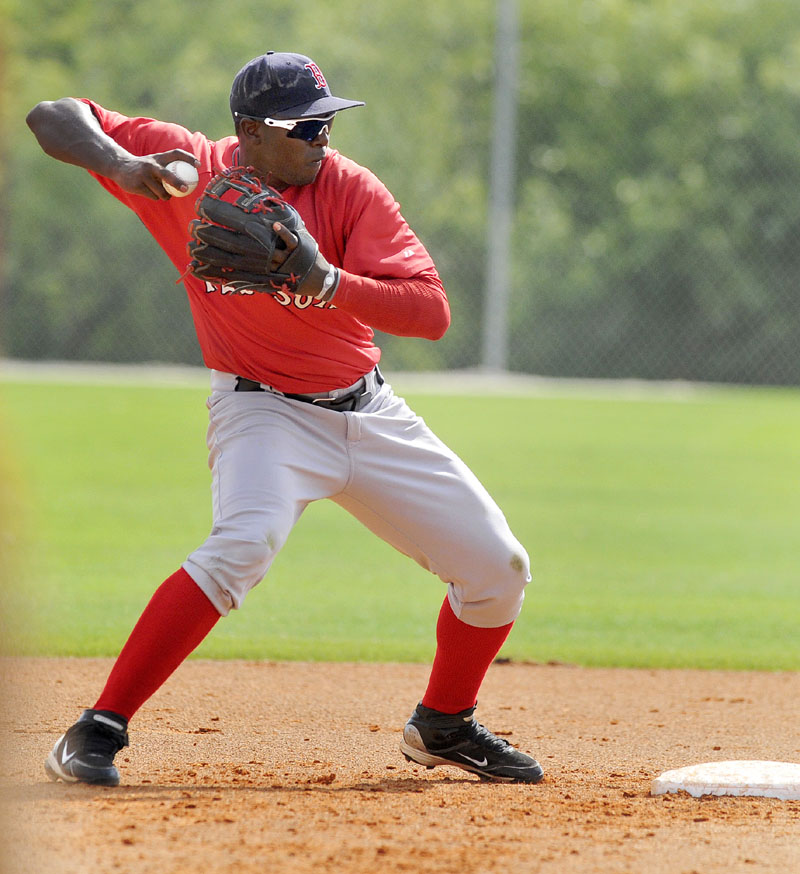 CLOSER TO SEASON OPENER: Portland Sea Dog second baseman Oscar Tejeda sets to throw to first after forcing a baserunner at second base during a spring training game Tuesday afternoon in Fort Myers, Fla. The Sea Dogs open the season Thursday.