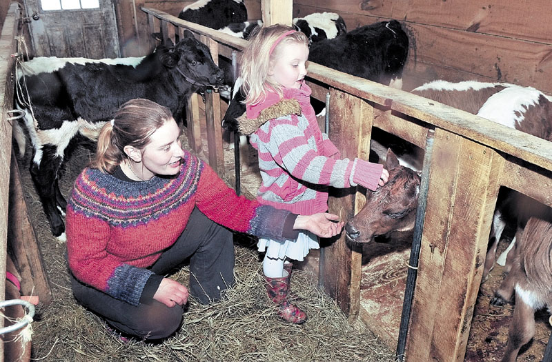 Organic farmer Sarah Smith and her daughter Cedar look in on calves at their Grassland Farm in Skowhegan on Monday. Smith will travel to Washington, D.C., this week to discuss the growing organic farming trade with members of Congress.