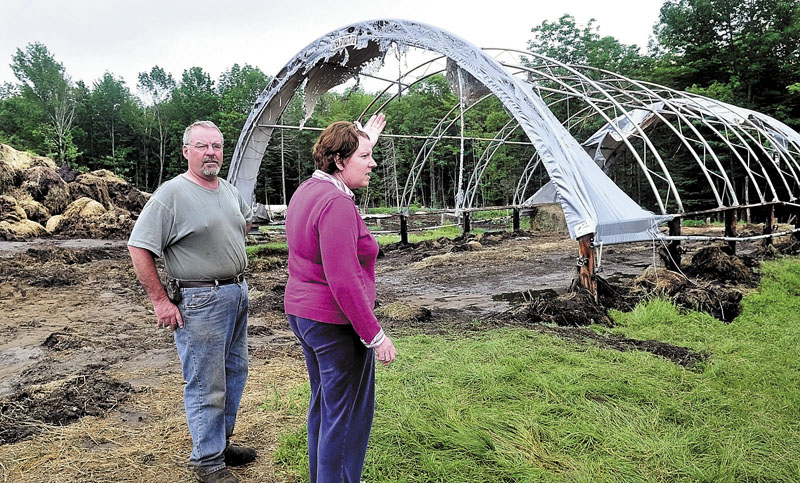 FIRE: Rupert and Sue Pratt talk about the fire that destroyed the tarp roof of their hay barn and charred hay bales, at left, at their farm in Strong on Sunday.