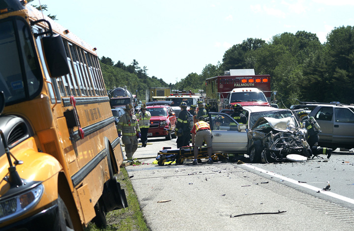 Scene of the accident involving a school bus on I-295 northbound near the Falmouth-Cumberland town line today.