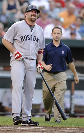 Boston Red Sox's Kevin Youkilis grimaces as he batted during the second inning Tuesday against the Baltimore Orioles in Baltimore. Youkilis stayed in the game.