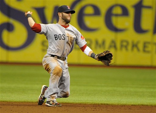 Boston Red Sox second baseman Dustin Pedroia makes the throw to first base to get the out on Tampa Bay Rays' Reid Brignac during the sixth inning Sunday in St. Petersburg, Fla. Ten innings later, Pedroia hit an RBi single to lift Boston to a 1-0 win over the Rays.