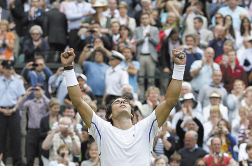IN THE FINAL: Rafael Nadal celebrates defeating Andy Murray in a men’s semifinal match at Wimbledon on Thursday at the All England Lawn Tennis Championships.