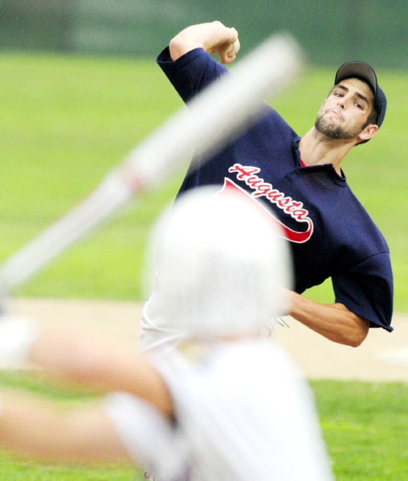 AND THE PITCH: Augusta pitcher David Clough delivers a pitch during an American Legion Baseball state tournament game Friday in Augusta.