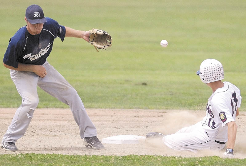 TOO LATE: Bangor’s Christian Corneil is safe at second base as the throw gets away from Gardiner shortstop Forrest Chadwick duing an American Legion state tournament play-in game Saturday morning in Augusta. Bangor won 8-6, eliminating Gardiner. The tournament continues Wednesday when Augusta will face Brewer at 10 a.m. at Morton Field in Augusta.