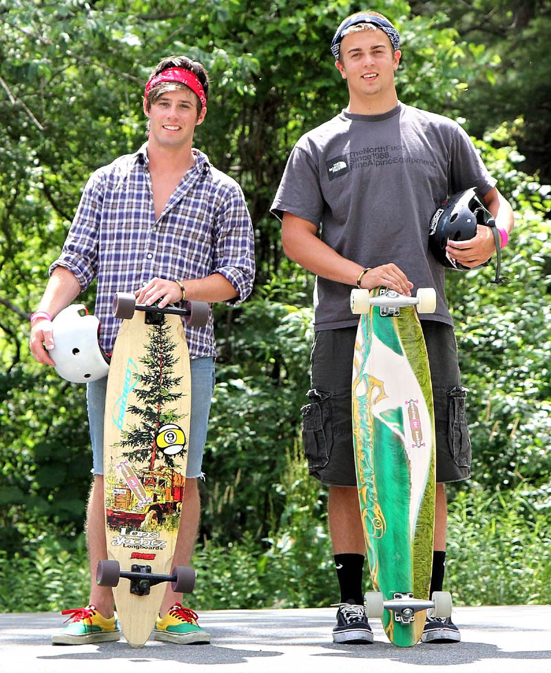 Connor Reeves, left, and Jacob Weese, both 17 and from Skowhegan, will be riding their longboards to Old Orchard Beach with their friend Ethan Johnson, 16, of Skowhegan, to raise awareness about breast cancer and raise money for the Susan G. Komen for the Cure foundation.