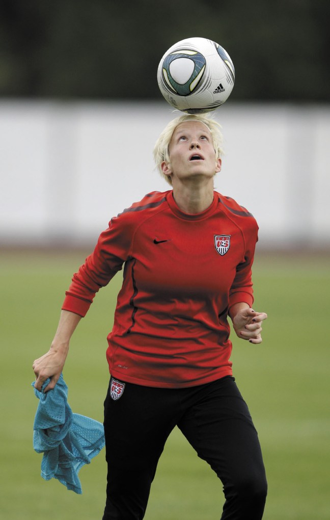 United States' Megan Rapinoe juggles the ball with her head during a training session in preparation for the final match against Japan during the Women's Soccer World Cup in Frankfurt, Germany, The game is set for 2:45 p.m. today and will be on ESPN.