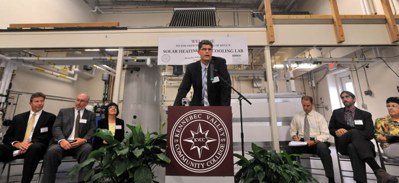 Dana Doran, director of energy programs at Kennebec Community College, speaks about the new state-of-the-art Solar Heating and Cooling Lab at the KVCC campus in Fairfield on Wednesday.