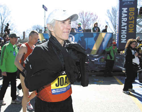 STILL RUNNING: Beach to Beacon 10K founder Joan Benoit Samuelson stands at the starting line for the Boston Marathon this spring. Samuelson is not running the Beach to Beacon on Saturday, but has been plenty busy this year.