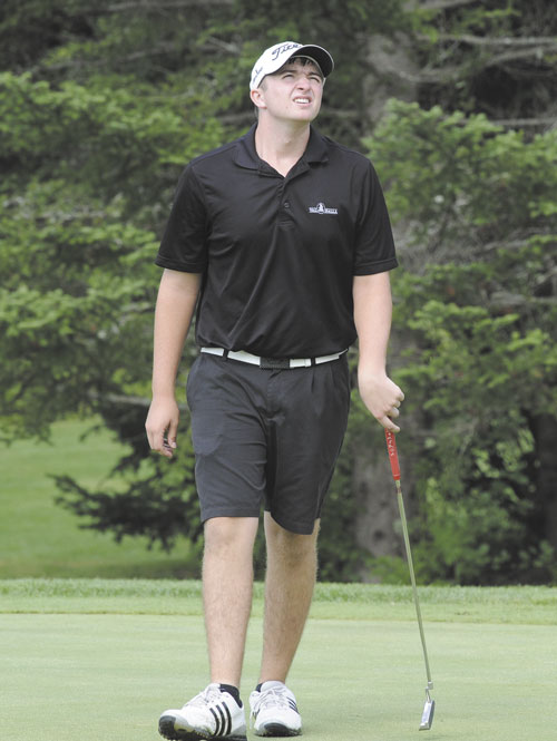 TOUGH SHOT: Madison’s Seth Sweet reacts after missing a putt on the ninth hole during the 75th Maine Junior Championship on Tuesday at Val Halla Golf Course in Cumberland.