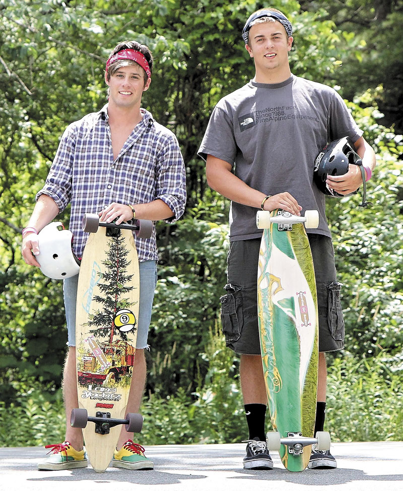 Connor Reeves, left, and Jacob Weese, both 17 from Skowhegan, will be riding their longboards to Old Orchard Beach to raise awareness about breast cancer and raise money for the Susan G. Komen Foundation for the Cure.