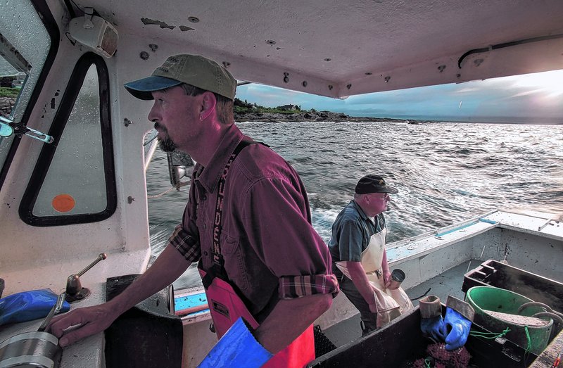 Charlie Gray drives his father’s boat while his father Howard rests on the gunwale as the two check traps off the coast of Prouts Neck in Scarborough last week. Charlie has been waiting to get his lobstering license since 2006 and doesn’t expect to get one until 2017. The law allows him to work as an apprentice on his father’s boat but his father, who is 77, is getting frail and only continues to work so that his son can fish for lobster.
