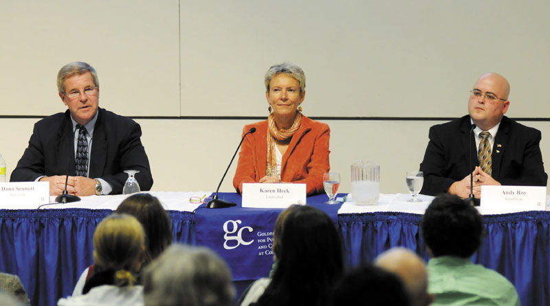 ALL IN THE HOUSE: Waterville mayoral candidates Dana Sennett, left, Karen Heck and Andrew Roy debate Tuesday at Colby College.