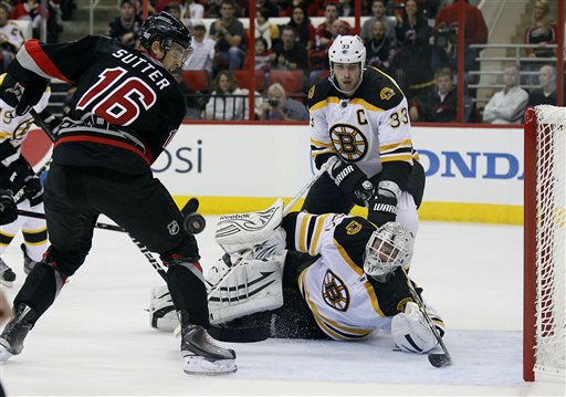 Boston Bruins goalie Tim Thomas falls to the ice defending against Carolina Hurricanes' Brandon Sutter (16) as Bruins' Zdeno Chara (33) watches at rear during the second period Wednesday in Raleigh, N.C.