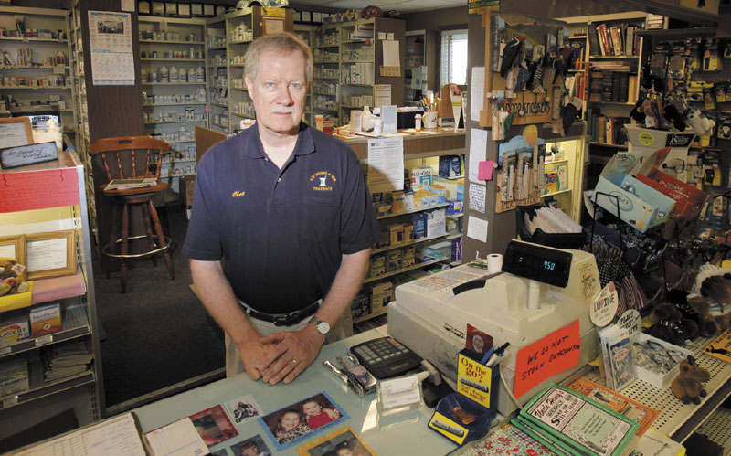Chet Hibbard, owner and pharmacist at E.W. Moore & Sons Pharmacy in Bingham, put up signs saying he no longer stocked OxyContin after being robbed twice, once in 2006 and again in 2010. The signs didn’t stop another robbery, though, that happened just hours after this photo was taken. James Stile of Sangerville was arrested and charged with robbery after police said he entered the pharmacy with a gun, tied up four employees and a customer and forced them to lie down on the floor. Police said Stile made off with prescription drugs and money.