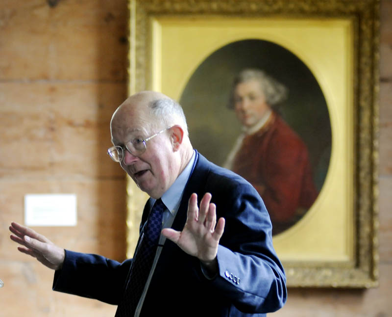 Maine Supreme Court Justice Donald Alexander discusses the history of the state judicial system Wednesday at the Pownalborough Court House in Dresden. Behind him is a portrait of Massachusetts Royal Governor Thomas Pownall, appointed in 1757.