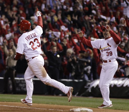 St. Louis Cardinals' David Freese (23) reacts after hitting a walk-off home run during the 11th inning of Game 6 of baseball's World Series against the Texas Rangers on Thursday in St. Louis. The Cardinals won the game 10-9 to tie the series 3-3.