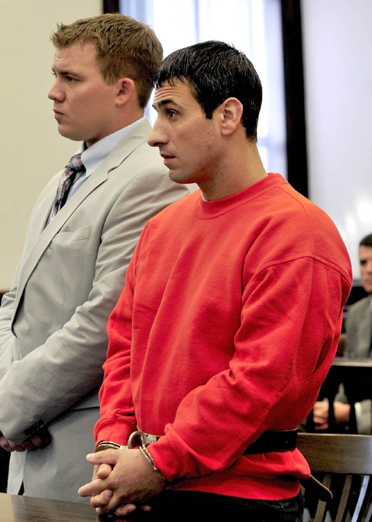 TRIAL: Defendant Angelo Licata pleads not guilty in the death of his father, Alfred Licata, on Thursday in Somerset County Superior Court in Skowhegan. Beside Licata is his attorney, Francis Griffin.
