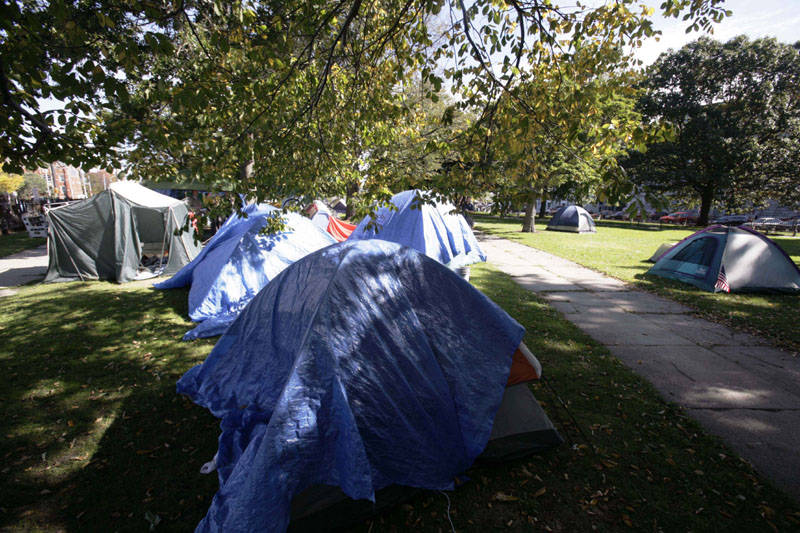 The Occupy Maine encampment in Lincoln Park in Portland, where a homemade bomb thrown into the park exploded on Sunday.