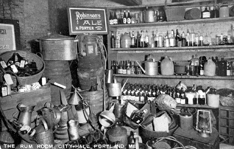 CONFISCATED: The Rum Room in Portland City Hall, where confiscated liquor and liquor-making equipment was stored, from a postcard mailed in 1928.