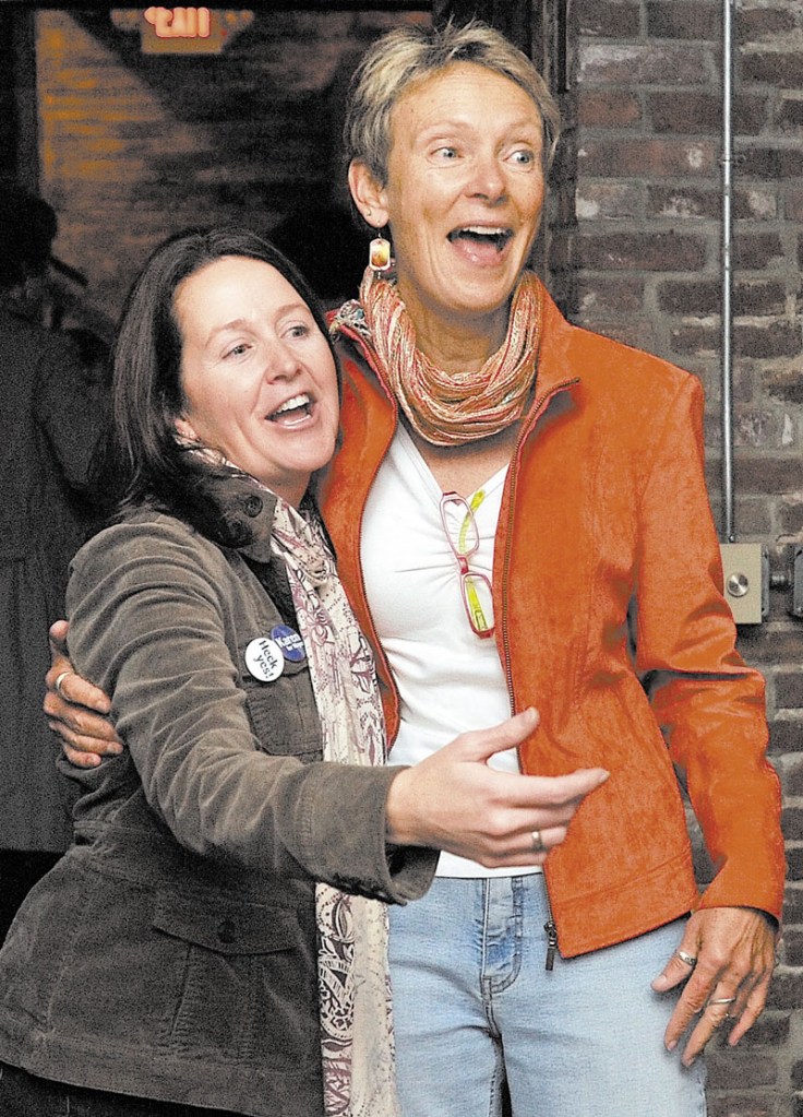 WINNER: Mayor-elect Karen Heck, right, stands with her campaign manager Dana Hernandez at 18 Below Raw Bar in Waterville Tuesday night.