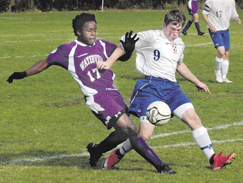 ANOTHER STEP: Chris Hall, right, and the Messalonskee boys soccer team takes on Hampden Academy in the Eastern Maine Class A title game at 5 p.m. tonight in Hampden. The Eagles lost to Hampden 1-0 in the season opener for both teams on Sept. 2.