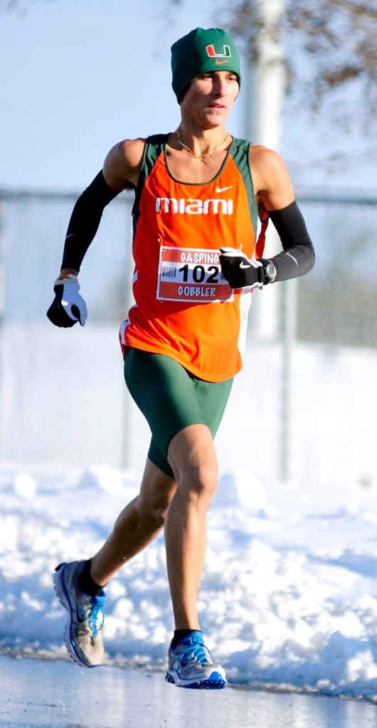 Recent Cony grad and University of Miami runner Luke Fontaine was the first male finisher in the Gasping Gobbler 5K Road Race to Benefit Cony High School Athletics Thursday in Augusta.