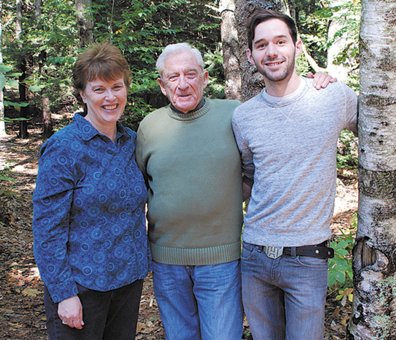 From left, Lynn Plourde, Donn Fendler, Ben Bishop who collaborated on graphic version of Fendler’s “Lost on a Mountain in Maine.”