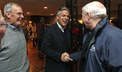 Republican presidential candidate former Utah Gov. Jon Huntsman shakes hands during a visit to the Manchester Republican Committee Christmas party in Manchester, N.H., Monday Dec. 19, 2011. (AP Photo/Charles Krupa) Republican presidential candidate former Utah Gov. Jon Huntsman shakes hands during a visit to the Manchester Republican Committee Christmas party in Manchester, N.H., Monday Dec. 19, 2011. (AP Photo/Charles Krupa)