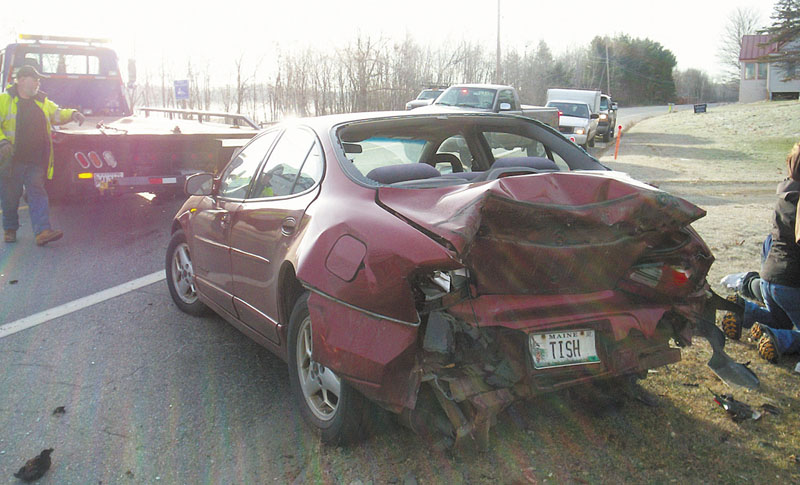 A 2002 Pontiac four-door car driven by Ruth Langdon, 61, was hit from behind by a Jeep driven by Clinton Hanna, 26, at 8:30 a.m. Monday on Route 27 in Belgrade. sp11-094442 10-55 121911
