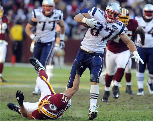 New England Patriots tight end Rob Gronkowski (87) breaks away from Washington Redskins outside linebacker Ryan Kerrigan (91) for a touchdown during the second half of an NFL football game on Sunday, Dec., 11, 2011, in Landover, Md. (AP Photo/Rich Lipski) NFLACTION11;