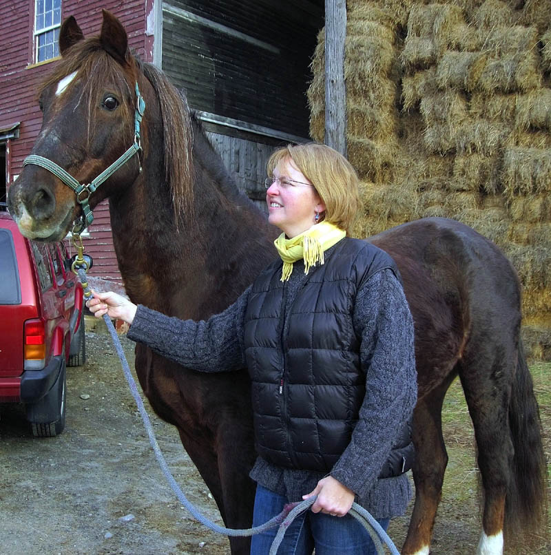 HUMANE TREATMENT: Janelle Tirrell, a veterinarian with Maine Equine Association, stands with her 25-year-old Morgan stallion. Tirrell, who serves on the state’s Animal Welfare Advisory Council, said she isn’t in favor of slaughtering horses and favors humane treatment of animals. “If this can be done humanely, it’s certainly better,” Tirrell said. “I would rather see a horse go to slaughter than starve to death and freeze to the ground in the winter. I’ve seen live animals frozen to the ground.”