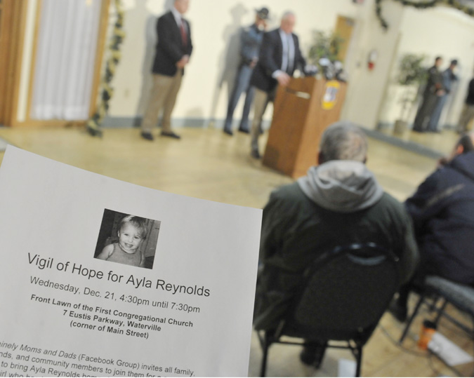 A flyer publicizes a vigil scheduled for Wednesday for 20-month-old Ayla Reynolds.