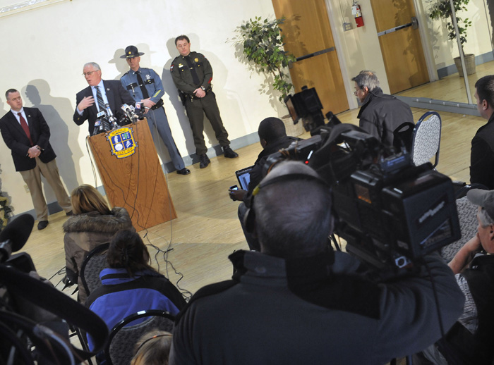 Waterville Police Chief Joseph Massey, at podium, speaks to members of the media today on developments in the investigation into the disappearance of 20-month-old Ayla Reynolds.