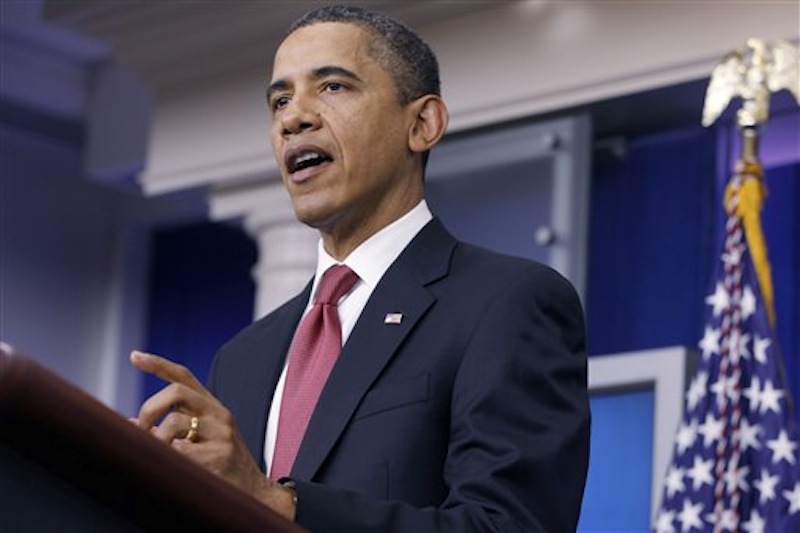 President Barack Obama makes a statement to reporters in the James Brady Press Briefing Room at the White House in Washington, Monday, Dec. 5, 2011, urging Republican lawmakers to pass the payroll tax cut. (AP Photo/Charles Dharapak)