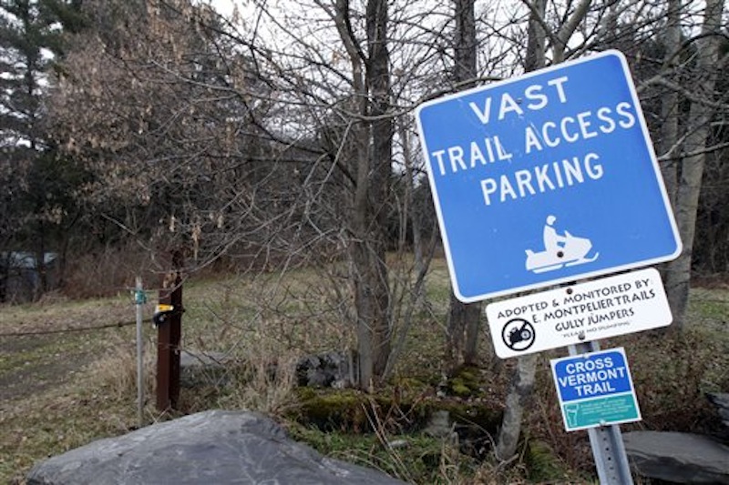In this Dec. 16, 2011 photo, a snow-less snowmobile trail is seen in East Montpelier, Vt. A near snowless December has tends of thousands of snowmobilers wishing for a blizzard. (AP Photo/Toby Talbot)