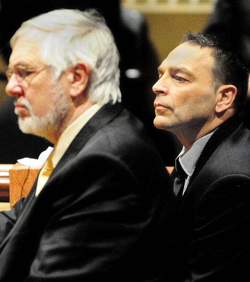 LISTENING TO THE VERDICT: Defense attorney Andrews Campbell, left, and Raymond Bellavance Jr. listen to the verdict on Friday as a jury found Bellavance guilty of two charges of arson related to a June 3, 2009, fire that destroyed the Grand View Coffee Shop in Vassalboro. The verdict came about 5:50 p.m. — after about five hours of deliberation — on the 10th day of Bellavance’s trial in Kennebec County Superior Court in Augusta.