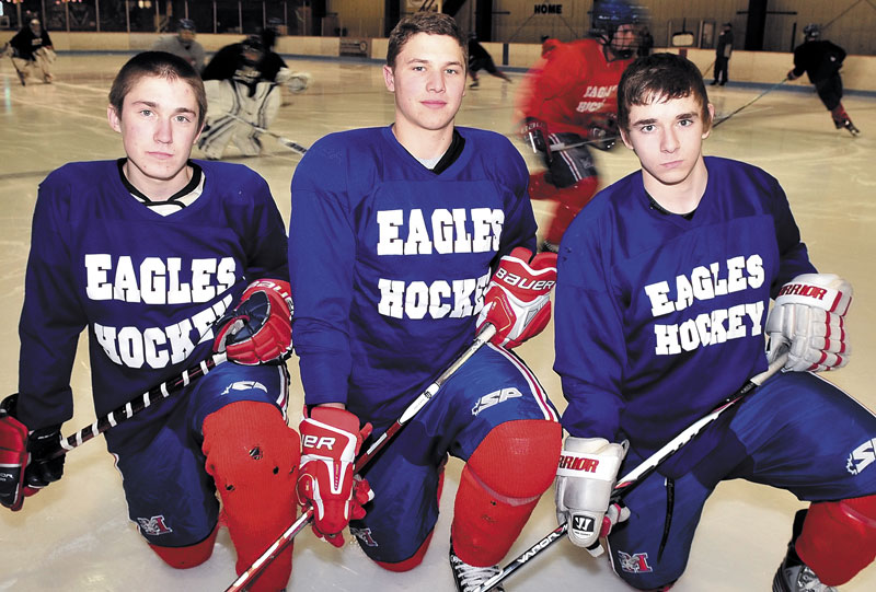 TALENTED TRIO: Messalonskee senior Sam Dexter, center, is paired on the Eagles’ top line with sophomores Chase Cunningham and James Varney this season. Dexter had 29 points last season and Cunningham had 25, while Varney played primarily as a defenseman.