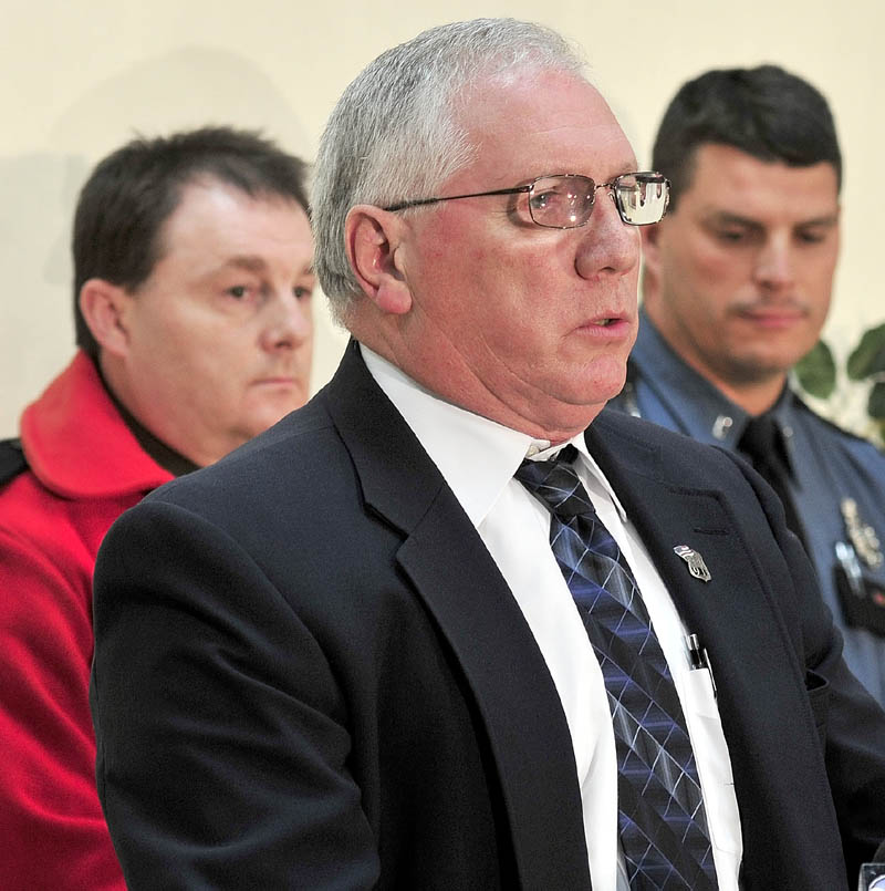 Waterville Police Chief Joe Massey, center, speaks during a press conference on missing 20-month-old Ayla Reynolds on Monday. At left is Lt. Kevin Adam of the Maine Warden Service and Trooper Christopher Coleman at right.