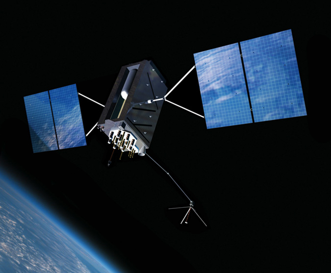 An artist's conception of a GPS Block III satellite in Earth orbit.